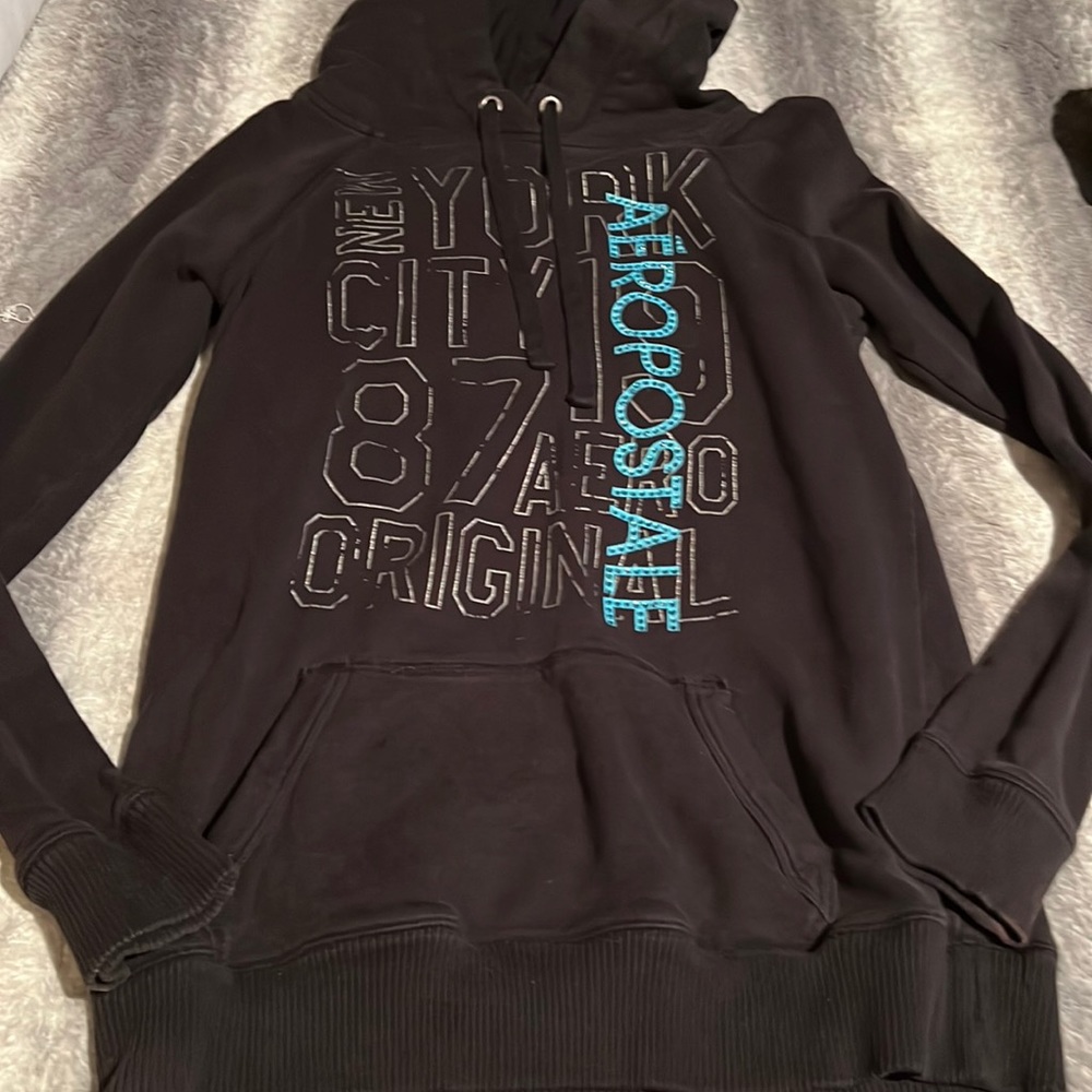 Aeropostale black and teal long NYC hoodie with rhinestone accents size XL!